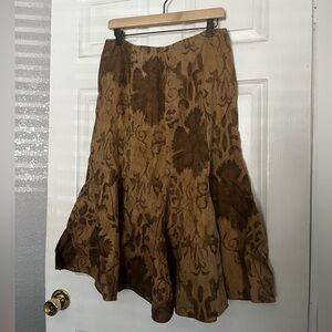 Ralph Lauren Tan and Brown Floral Midi linen Skirt